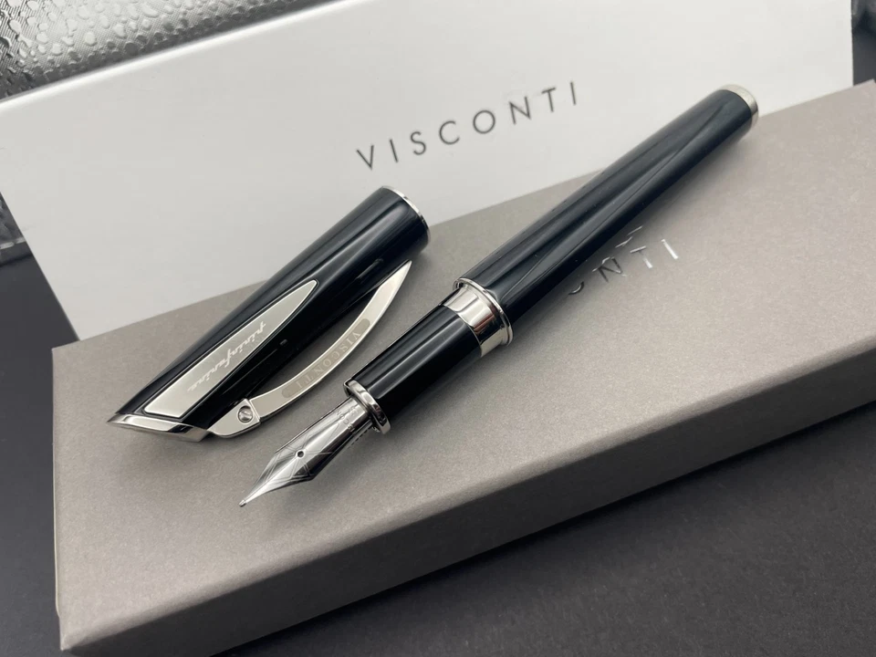 Visconti Italy Pininfarina XL Black & Steel Fountain Pen Broad Nib $395 New - Image 3 of 4