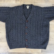 L.L.Bean Sweater Mens 2XL Charcoal Wool Cable Knit Cardigan Ireland Fisherman