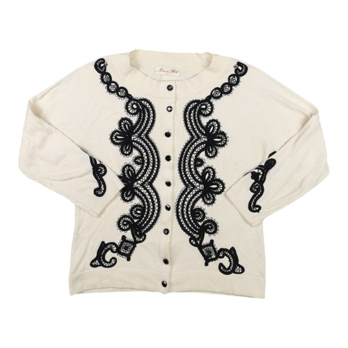 Alannah Hill Cardigan Womens 12 Beige Black Lace Applique Cotton Knit Sweater 12