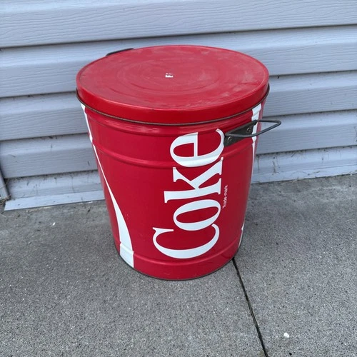 Vintage LARGE 1983 Red COKE Coca Cola Metal Popcorn Container W/Lid Trash Can