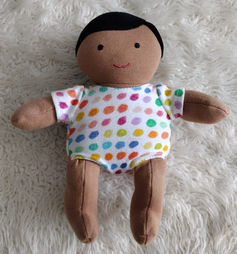 Lovevery Baby Doll Organic Cotton Polka Dot Black Hair Tan Skin Montessori 8”