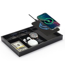 Valet Tray with Wireless Charging Pad Nightstand Organizer, Leather Desktop S...