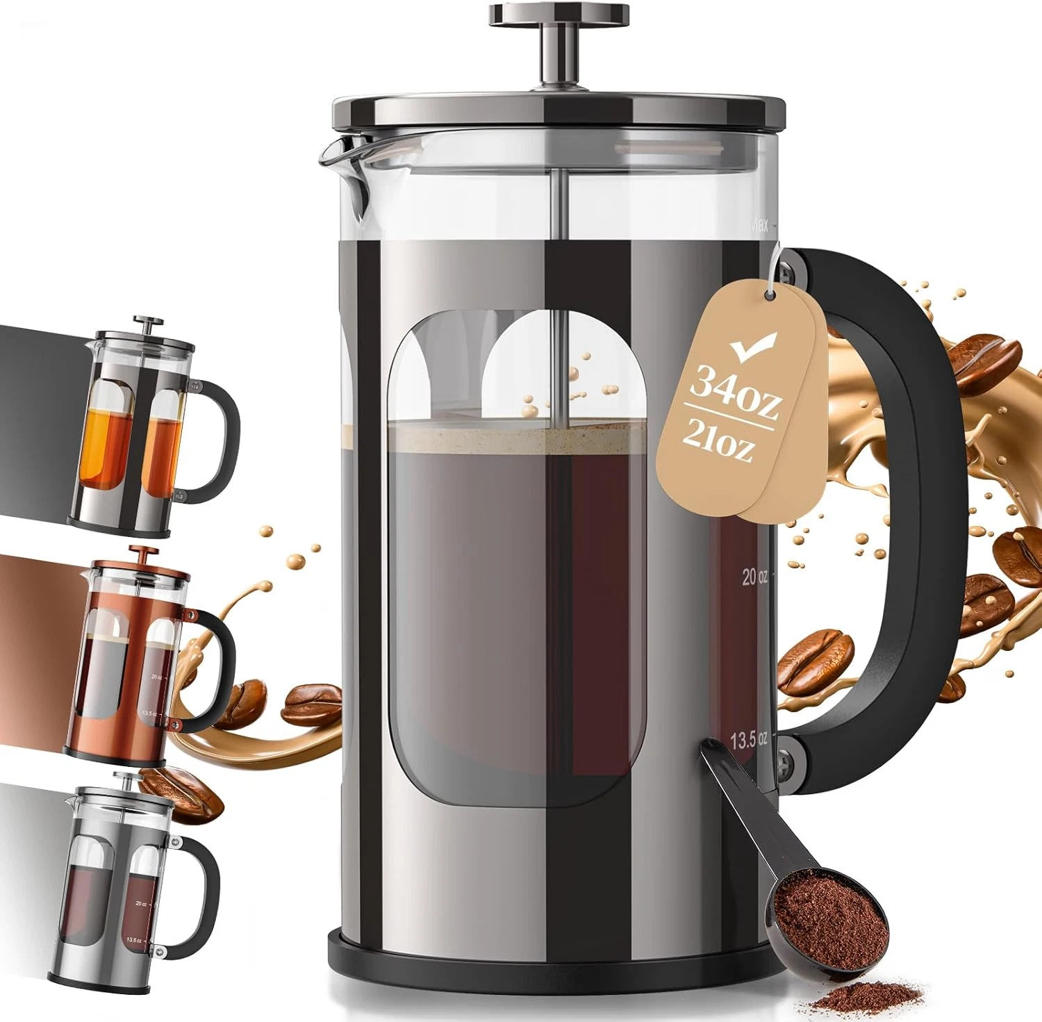French Press Coffee Maker 34Oz, No Plastic Touching Cafe,Thickened Glass Stainle