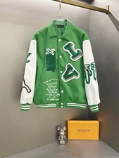with tags Mens Louis Vuitton GreenWhite Varsity Leather Jacket Size Medium G2U