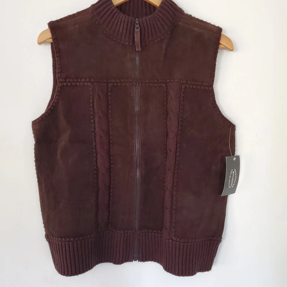 DESIGNERS STUDIO M Brown Suede Sweater Vest Full Zip NWT Mock Neck 70s Hippie - Image 4 of 4