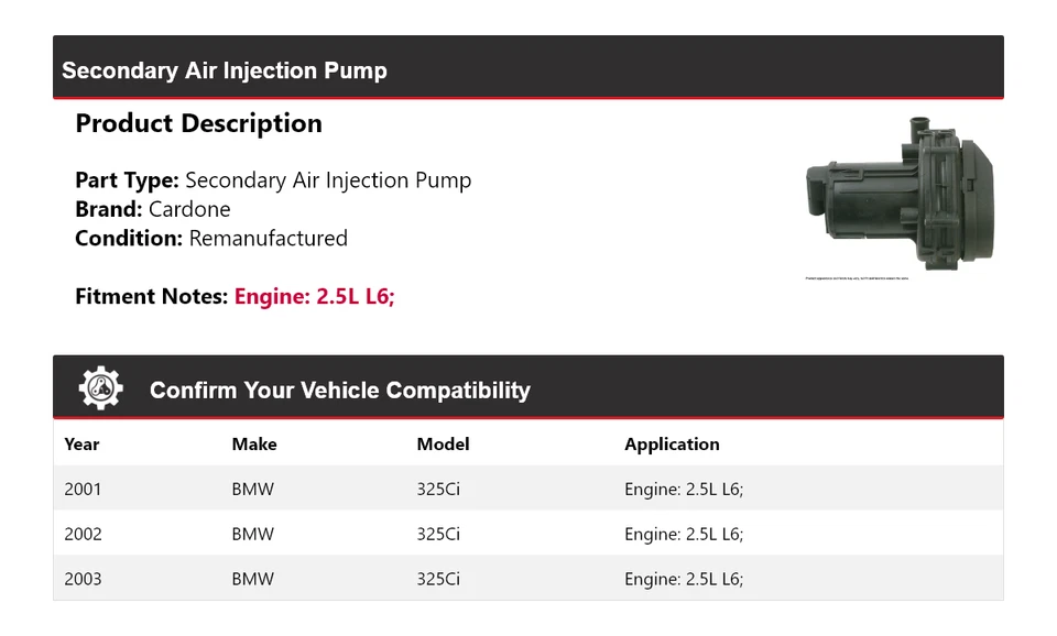 Bomba de inyección de aire secundaria Cardone 2002 para BMW 325Ci 2001-2003 2,5 L L6 Foto 2 de 4
