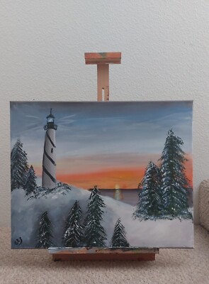 Winter Lighthouse, Acrylic Painting - 16x20 Hand Painted Artwork on Canvas