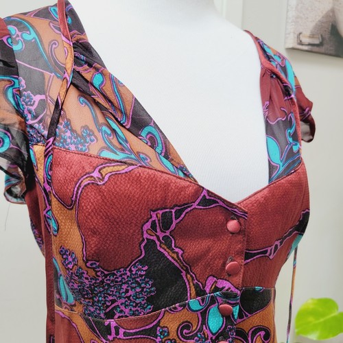 Nanette Lepore Silk Button Down Shortsleeve Bouse Top Shirt Multicolored 12 Y2K - Picture 3 of 5