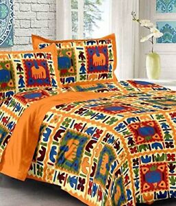 100% Cotton Hand Printed Indian Double Tapestry Bedsheet with 2 Pillow Covers G 