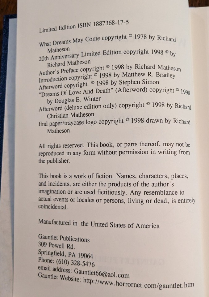 What Dreams May Come 20th Anniversary Ed. 138/500 Book w/Slipcase See