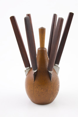 Vintage MCM Teak Or Walnut Wood Pear Shaped Knife Holder Block & 6 Cheese Knives