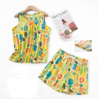 Womens Cotton Pajama Set Sleepwear Pj Cartoon Print Pyjamas Nightwear Sleeveless