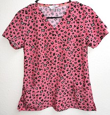 Women's XS Code Happy Hot Pink Cheetah Print Ladybugs Pattern Scrub Top EUC