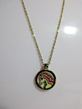 Girls Favorite Horse Gold Tone Necklace Pink  Green Horse Head 16" w/Extender