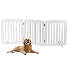 Folding Pet Gate 24'' Tall Freestanding Wooden Dog Gate for Stairs Doorway White