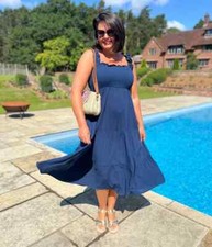 Ex Apricot Dress Women's Navy Blue Ruched Square Neck Sleeveless Tiered Ruffle