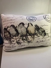 Cotton Linen Bird Print Decor Throw Pillow 18 x 12 In. Vintage Look, Birds