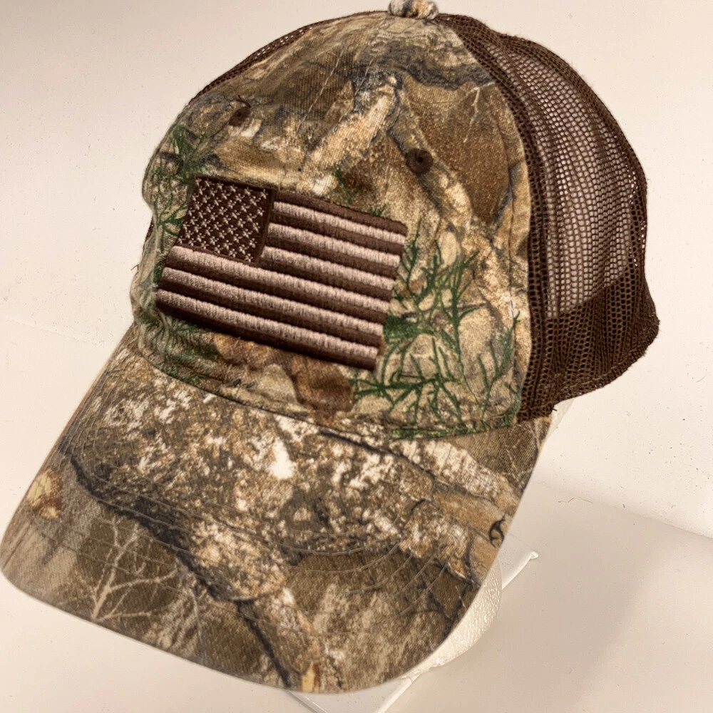 Unstructured Trucker Camouflage Hat Brown Beige American Flag Design