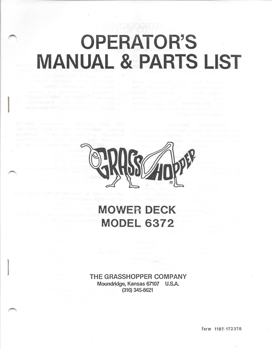 Grasshopper 1988 Mower Deck Model 6372 Ops Manual & Parts List