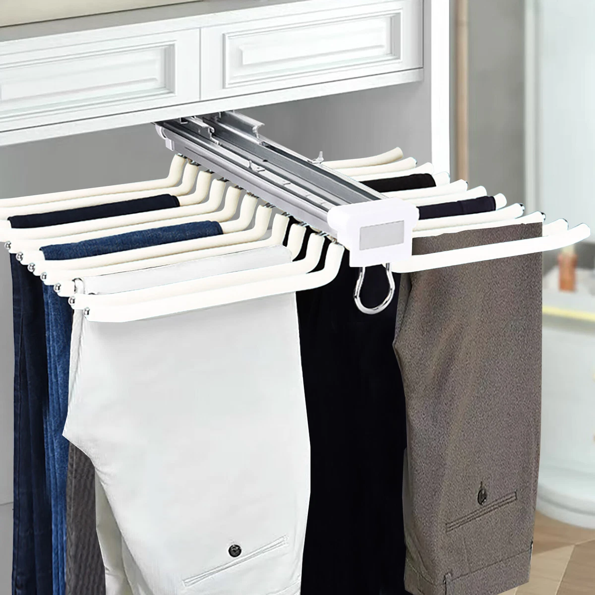 Trouser Rack 22 Rods Sliding Pull Out Pants Hanger Holder Closet Organizer  Beige