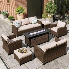 Patio Furniture Set Outdoor Wicker Rattan Conversation Set With Fire Pit Table