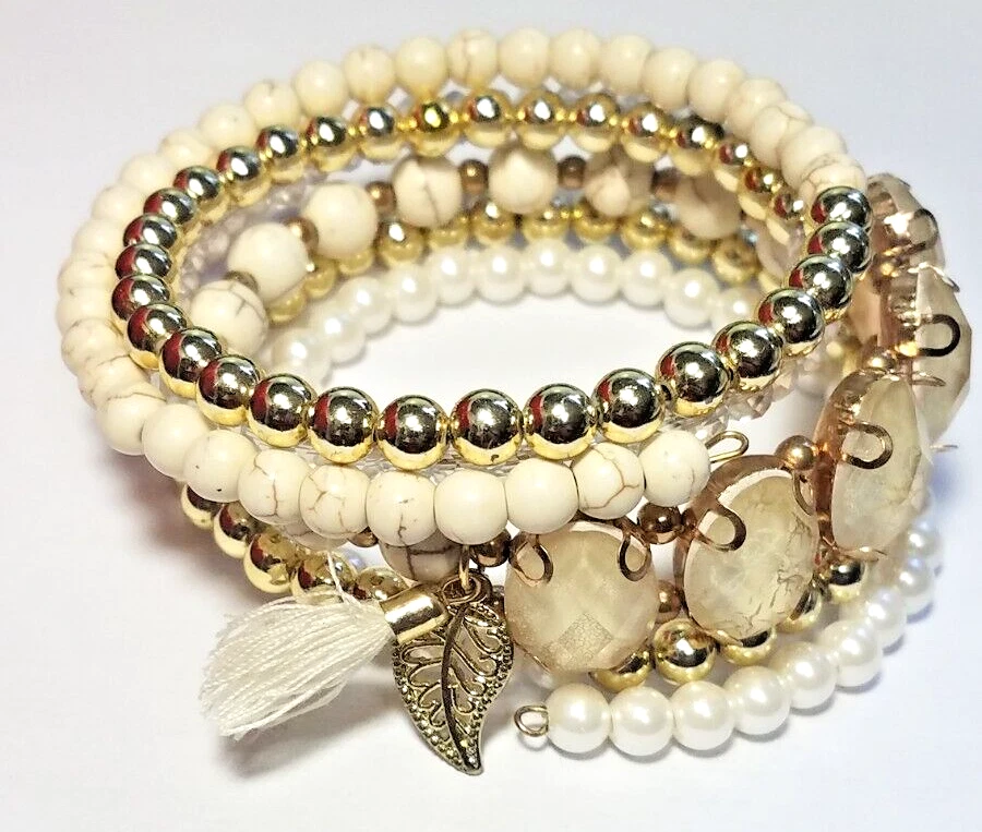 Vtg 5 Memory Wire Coil Gold Tone Bead Tassel Bracelet Layered Design Boho Chic Foto 2 de 4