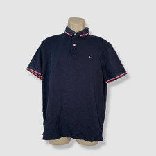 80 Tommy Hilfiger Men's Blue Tipped Custom Fit Short Sleeve Button Polo Shirt L