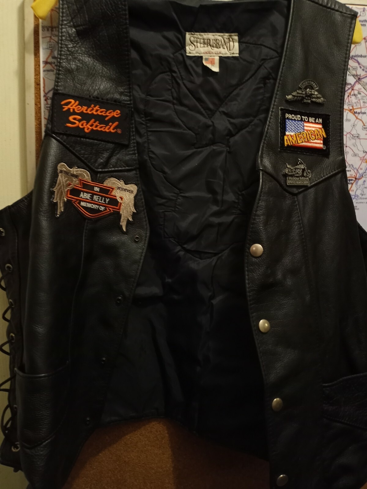 Leather Motorcycle Vest With Pins And Patches Gem