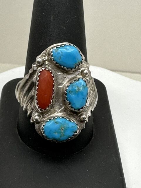 Vintage Sterling Silver Turquoise & Coral Ring Sz 11