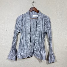 Chicos Jacket Med Open Crinkle Pleated Texture Gray Silver Artsy Gallery Stretch