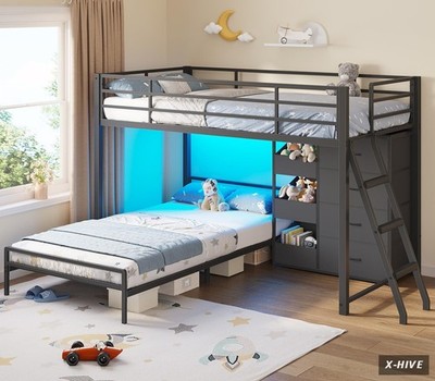 Low Bunk Bed for Kids with 4 Storage Drawers, 3 Boxes & LED Lights, Metal Bunk