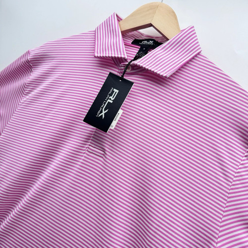 RLX Ralph Lauren Polo Shirt Mens MEDIUM Pink Stripe Golf Performance Stretch NEW