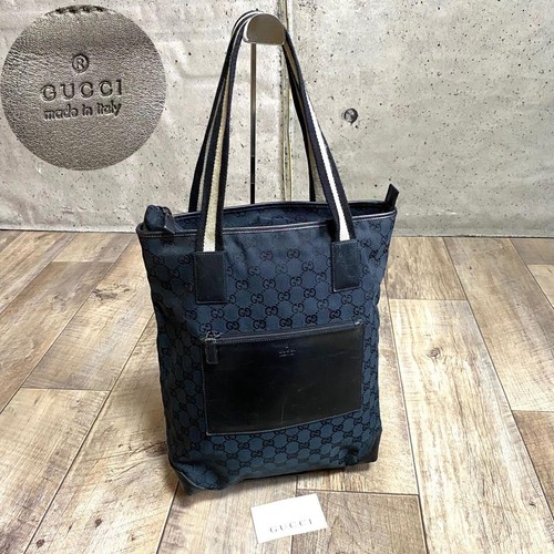 GUCCI GG Canvas Leather Tote Handbag Black Sherry Line A4 Vintage Authentic Used
