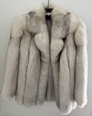 Bill Blass Furs I Magnin Blue Fox Fur Coat Jacket White Gray Vintage Med 30 