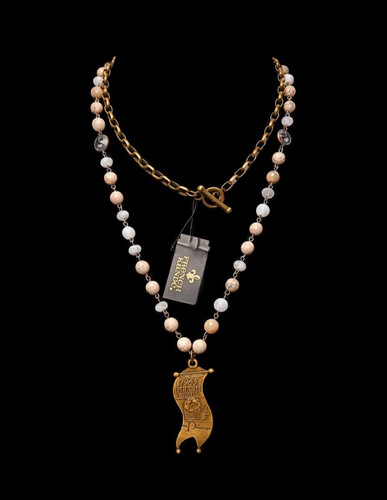 French Kande Brass Clad Ratten Mix Banner Pendant Austrian Crystal Necklace 38"