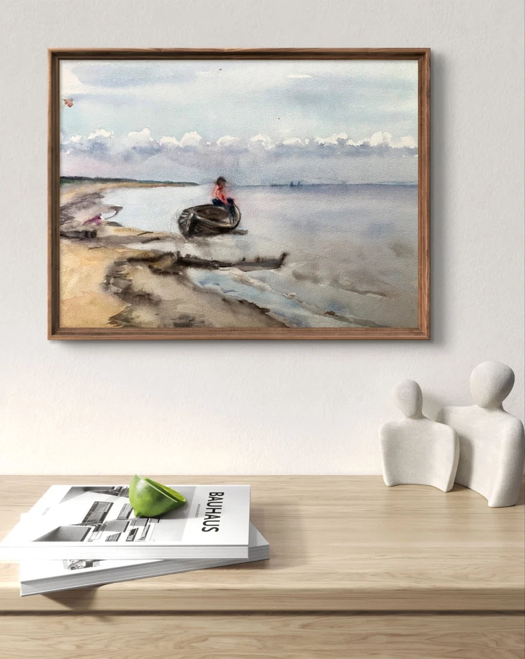 Pintura Acuarela Esperando a un Hombre Artista Desconocido Original nAAA3523 Foto 2 de 4