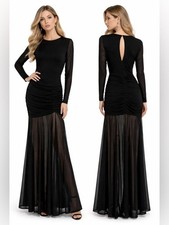 Lulus Black Mesh Ruched Maxi Dress M NWT Long Sleeve Sheer Hem Mermaid Gala Prom