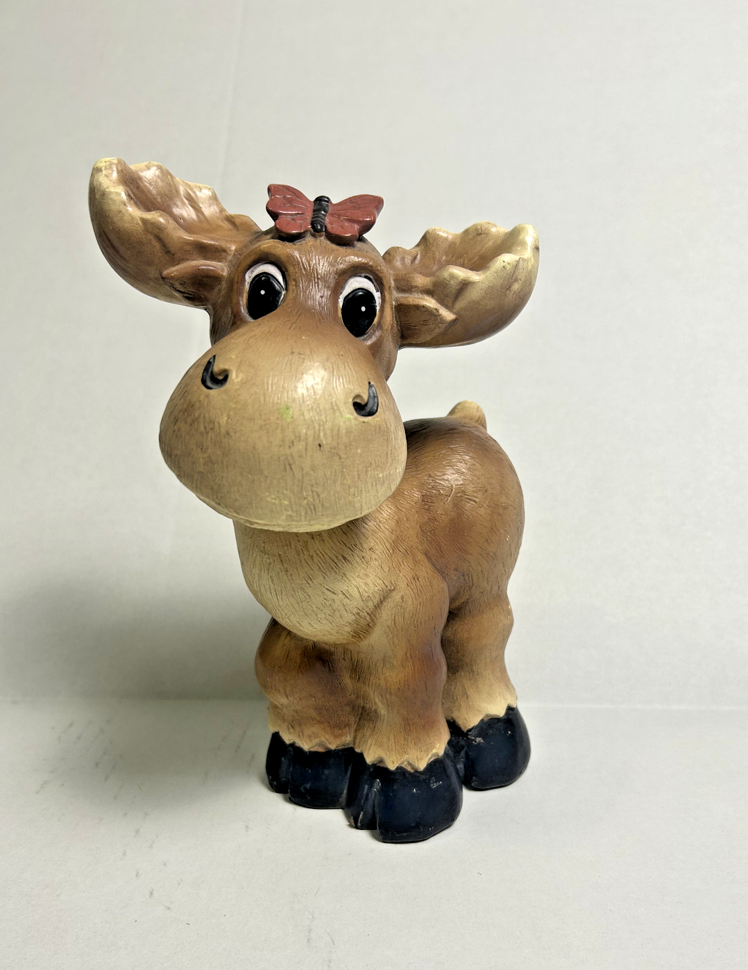 Adorable Girl Moose Garden Statue Featuring Red Butterfly Bow
