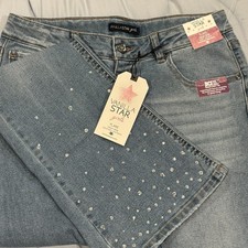 Vanilla Star Girls Lt Blue Rhinestone Flare High Rise Adjustable Waist Jeans 16
