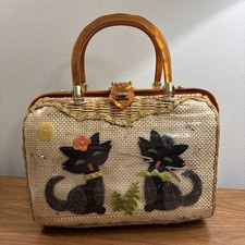 Vintage Woven Wicker Paradise Handbag Black Cats Lucite Handle Retro 1950s