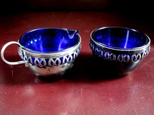 Vtg Open Sugar and Creamer Chrome Cage Cobalt Blue Glass Insert England MCM