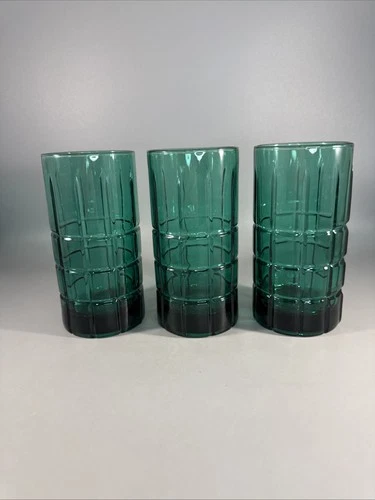 Set-3 Vintage Anchor Hocking Tartan Plaid Emerald Green 16 Oz. Glass Tumblers