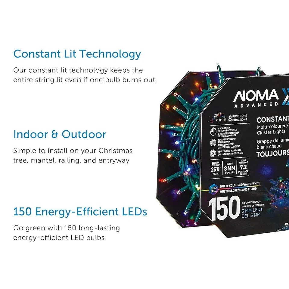 Noma LED cluster luzes de corda de Natal 150 multicoloridas e brancas 25 pés 8 modos - Imagem 2 de 4