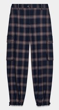 ZARA Check BALLOON PANTS sz S Navy Red