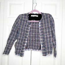 IRO Frannie Blue Tweed Frayed Trim Open Front Crop Jacket Women's Size 38 US 6