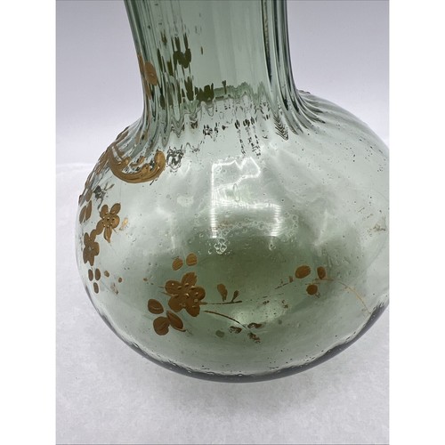 French Art Nouveau Mont Joy Legras Vase Green Glass Gold Enamel 10" Tall - Picture 7 of 10