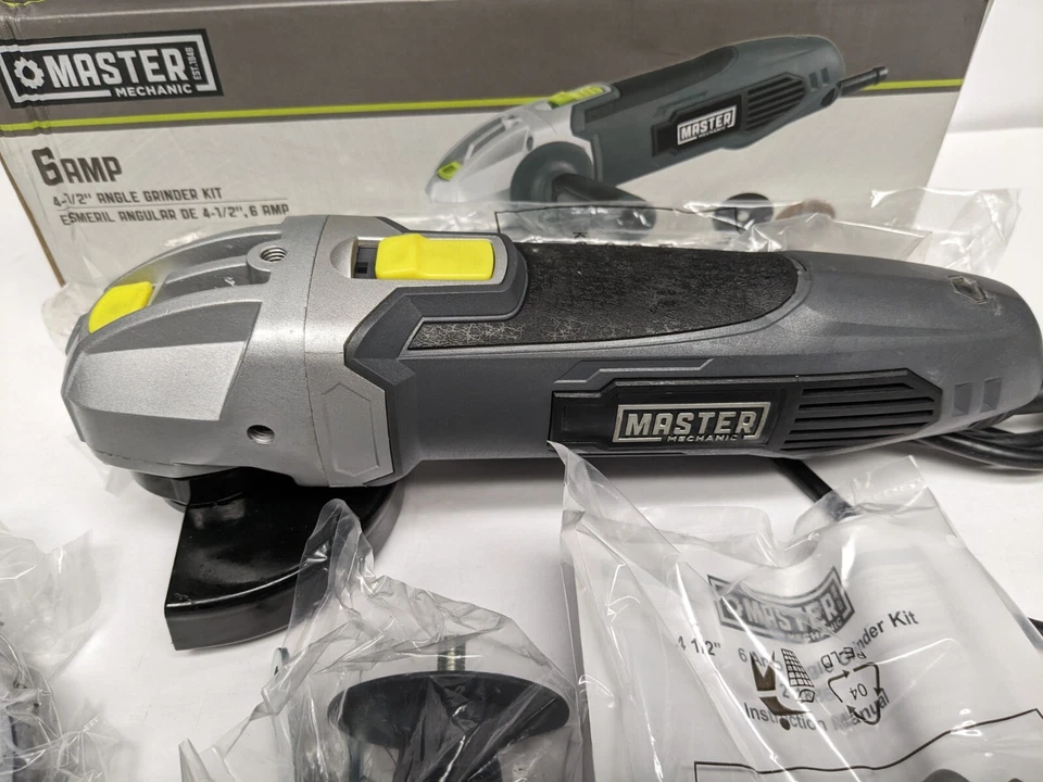 NEW Opened Box MASTER MECHANIC 6AMP 4-1/2" ANGLE GRINDER W/BAG & ATTACHMENTS - Image 2 of 4