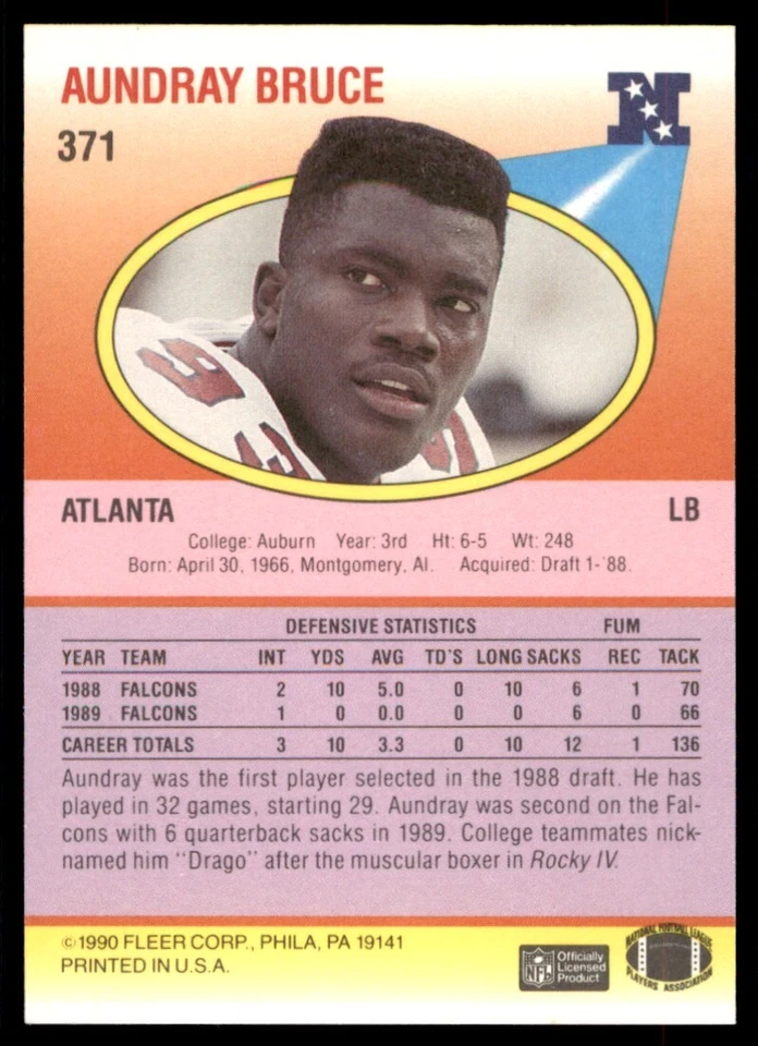 1990 Fleer Aundray Bruce Atlanta Falcons #371 - Image 2 of 2