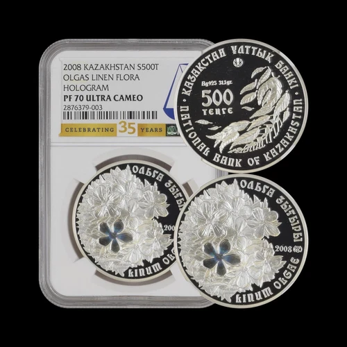 KAZAKHSTAN. 2008, 500 Tenge, Silver - NGC PF70 - Top Pop 🥇 Linum Olgae Hologram