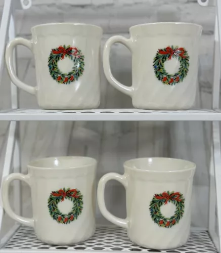 Noel Salem Lot Of 4 Coffee Mug Cup Porcelle France Christmas Wreath Tree Holiday